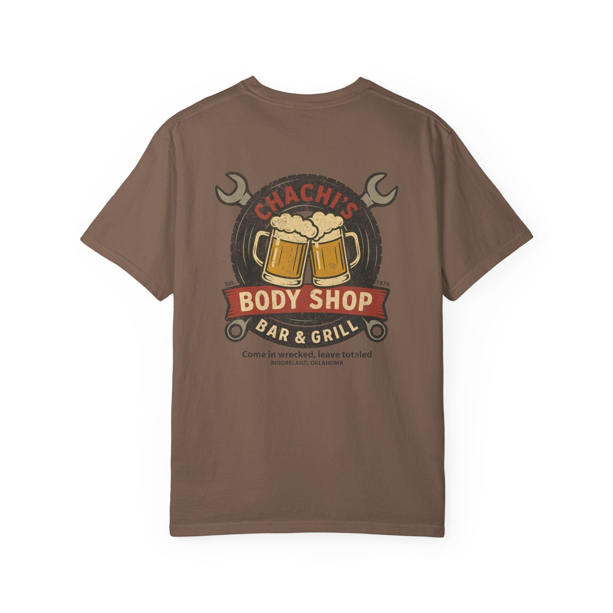 Chachi's Body Shop Bar & Grill T-Shirt: Come in Wrecked, Leave Totaled - J Pop's Closet